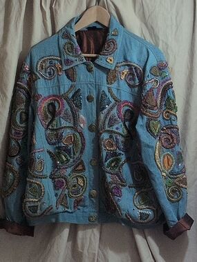 Vintage 80s Embroidered Blue Denim Jacket with Multicolor Beading  Suncoast XL